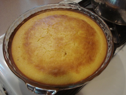 Then you put it in a pie pan and bake it according to the cake mix instructions - 350 for about 40 minutes. 